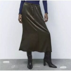 Zara Satin Effect Midi Skirt Olive Green Pull On Drawstring size Large